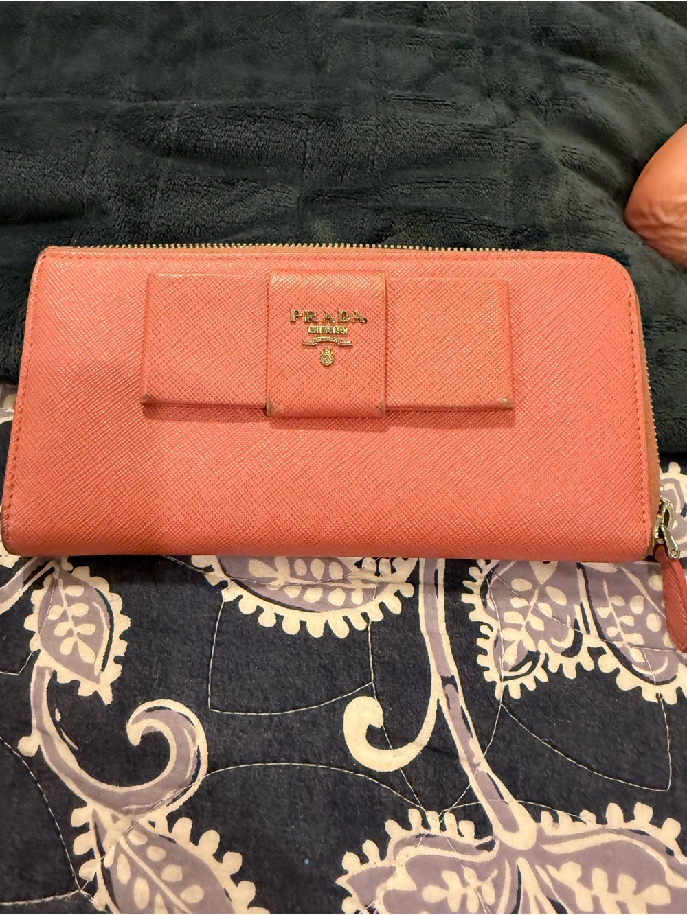 Authentic Prada Coral Saffiano Zip-Around Wallet with Bow